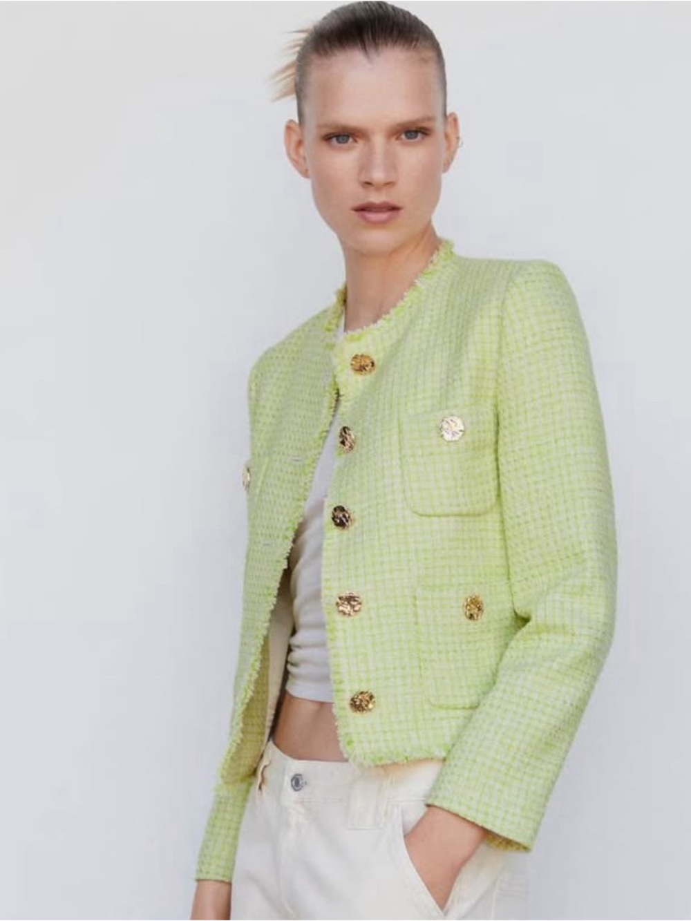 Mango  Lime Tweed Button-Front Jacket - Picture 4 of 5